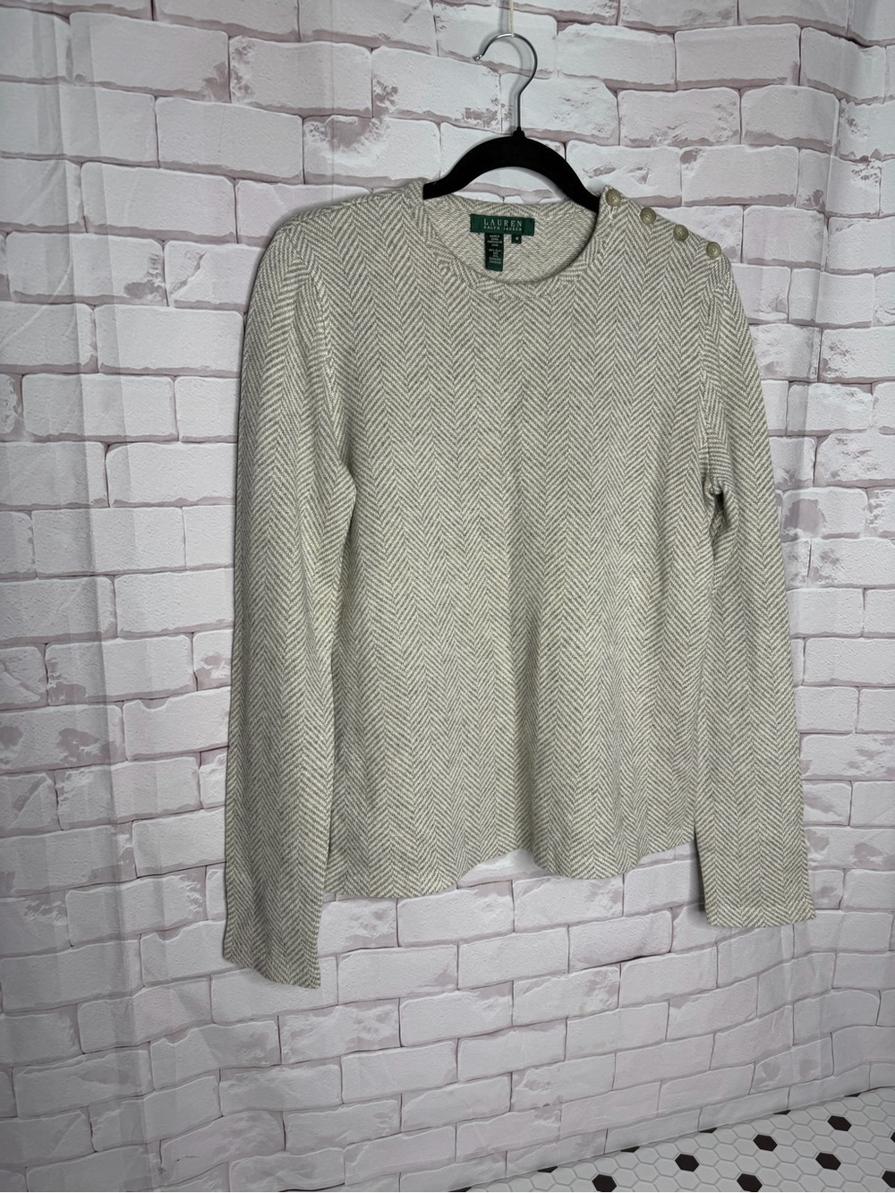 Lauren Ralph Lauren Cream Herringbone Crewneck with Shoulder Buttons